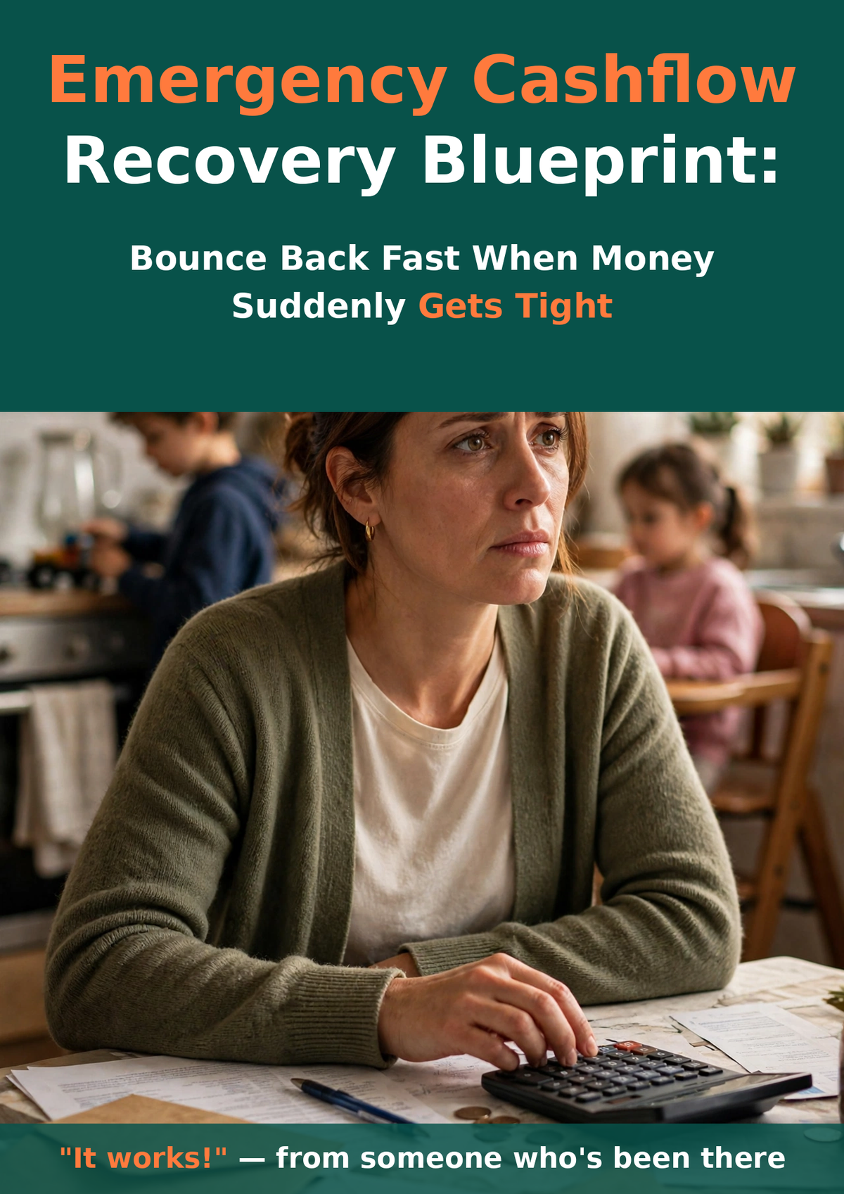 Emergency Cashflow Recovery Blueprint cover: a mom at her kitchen table with bills and a calculator, her kids behind her
